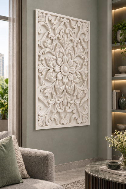 Bud Crown Scroll Blossom Corian wall panel, left view on a living room alcove in a Mumbai home; AI-assisted concept visualisation