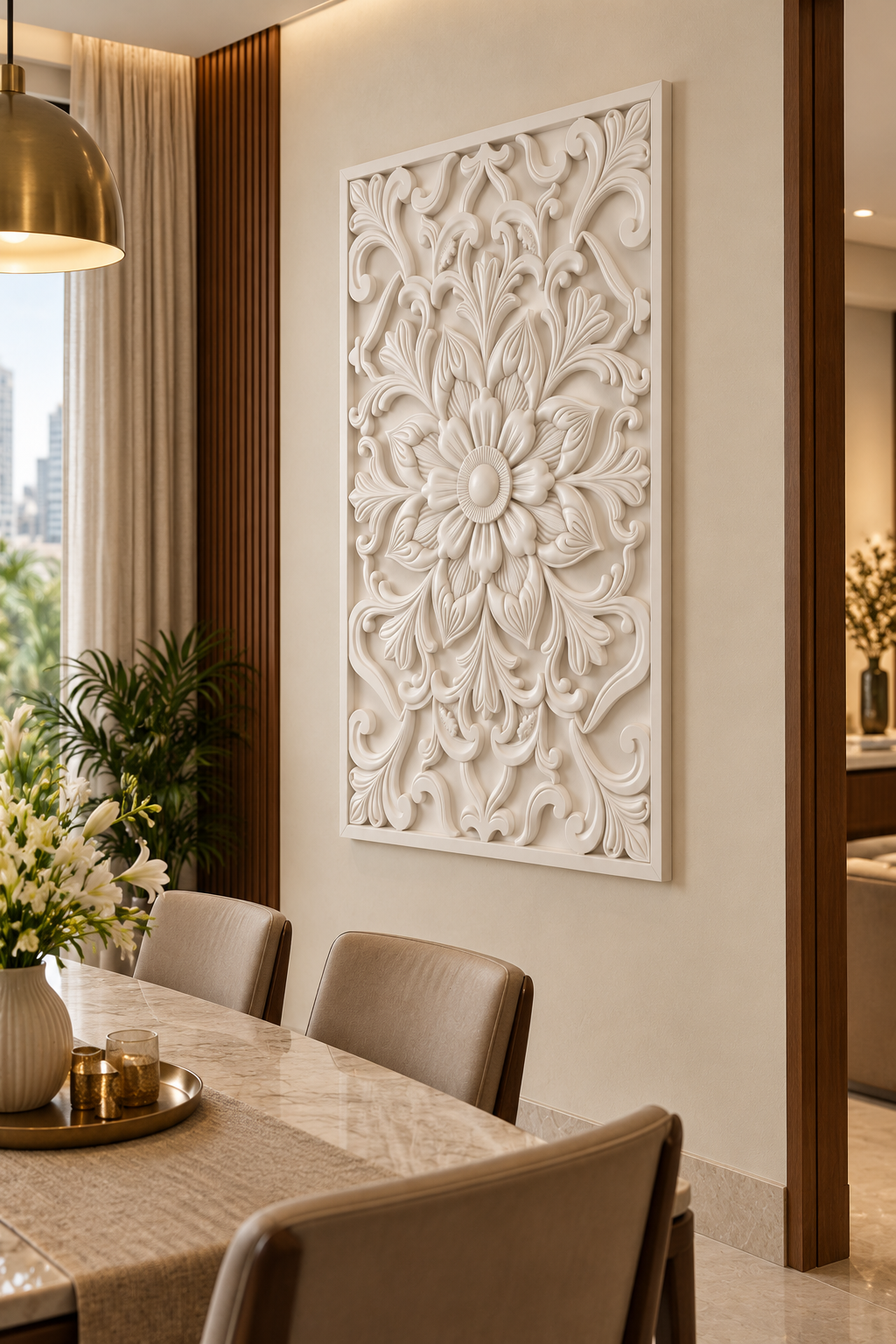 Bud Crown Scroll Blossom Corian wall panel, right view on a dining room side wall in a Mumbai home; AI-assisted concept visualisation