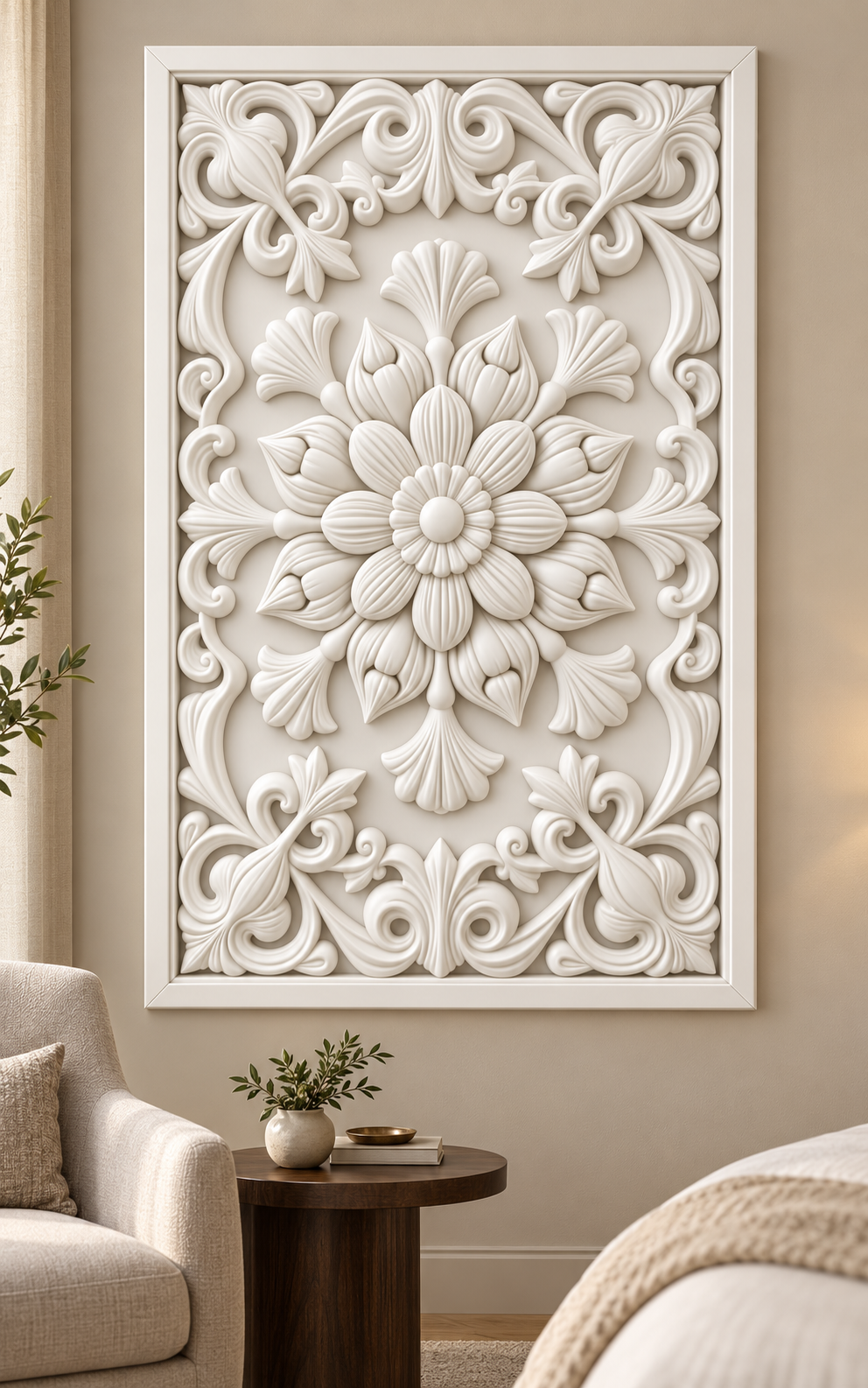 Bud Wreath Fan Garden Corian wall panel, front view on a bedroom sitting area wall in a Mumbai home; AI-assisted concept visualisation