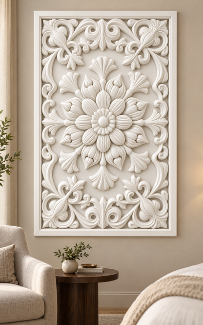 Bud Wreath Fan Garden Corian wall panel, front view on a bedroom sitting area wall in a Mumbai home; AI-assisted concept visualisation
