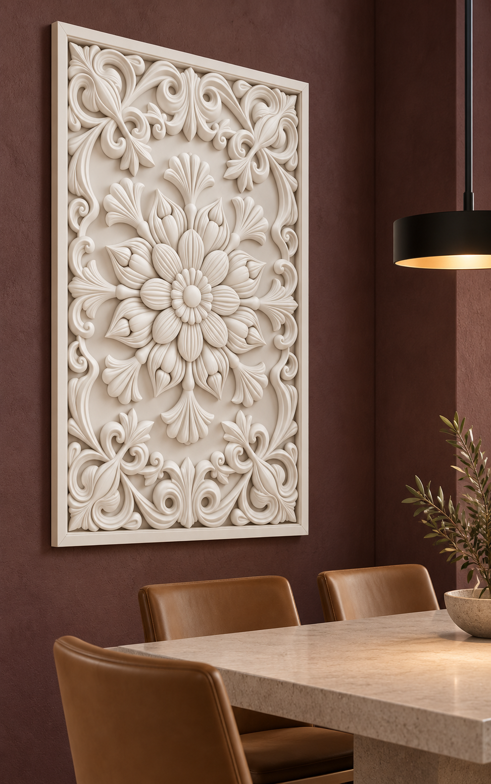 Bud Wreath Fan Garden Corian wall panel, left view on a dining room alcove in a Mumbai home; AI-assisted concept visualisation