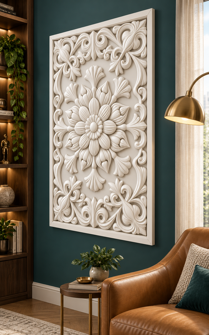Bud Wreath Fan Garden Corian wall panel, right view on a living room reading corner in a Mumbai home; AI-assisted concept visualisation