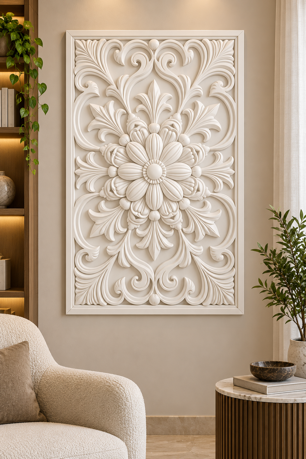Bud Wreath Petal Crest Corian wall panel, front view on a living room reading wall in a Mumbai home; AI-assisted concept visualisation