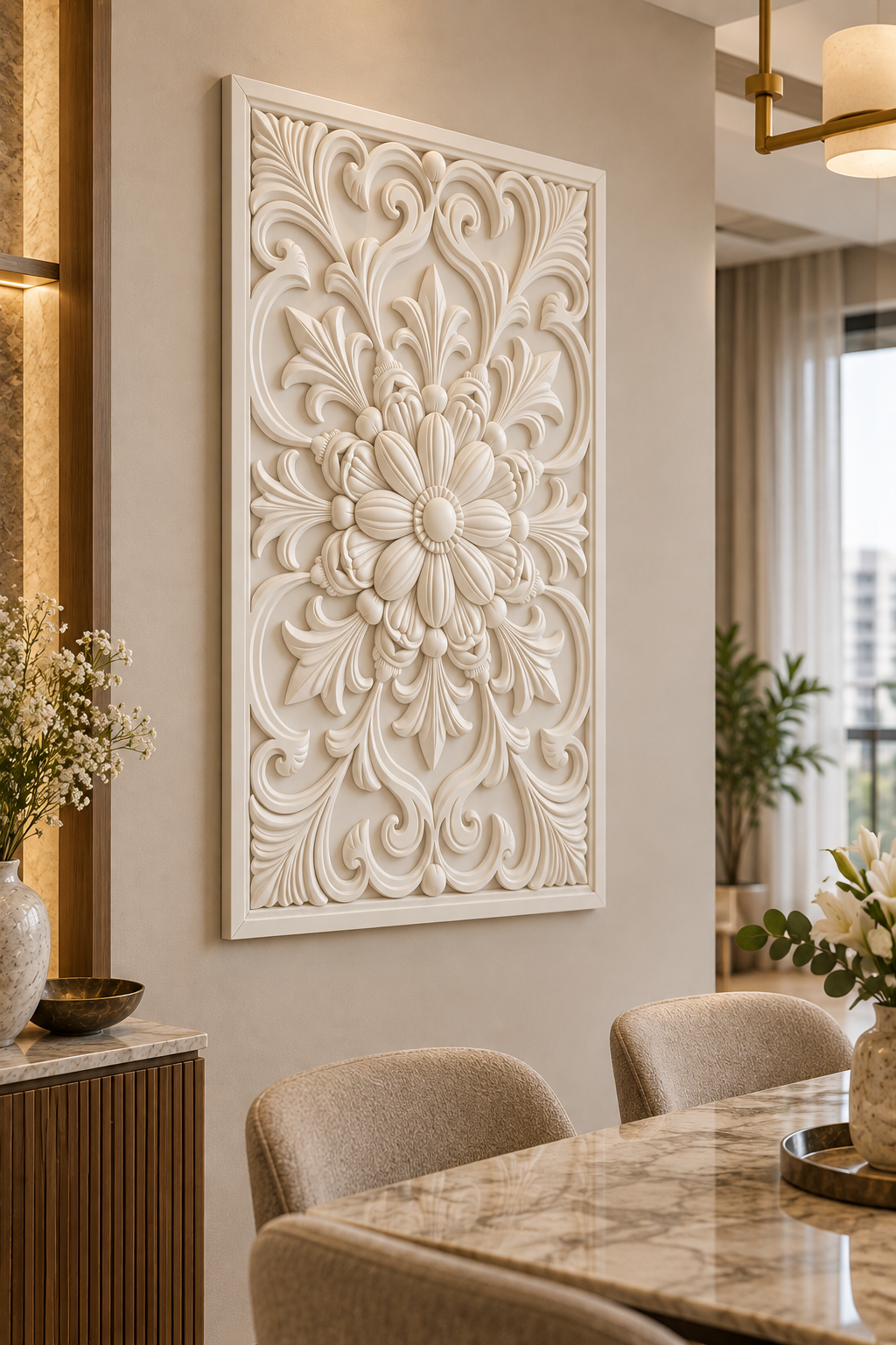 Bud Wreath Petal Crest Corian wall panel, left view on a dining room feature wall in a Mumbai home; AI-assisted concept visualisation