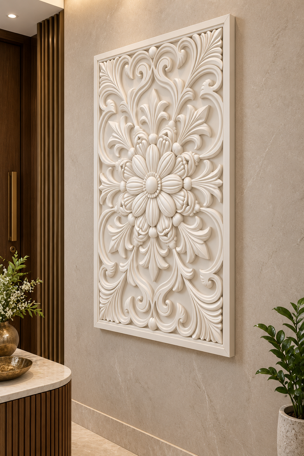 Bud Wreath Petal Crest Corian wall panel, right view on an entrance reception wall in a Mumbai home; AI-assisted concept visualisation