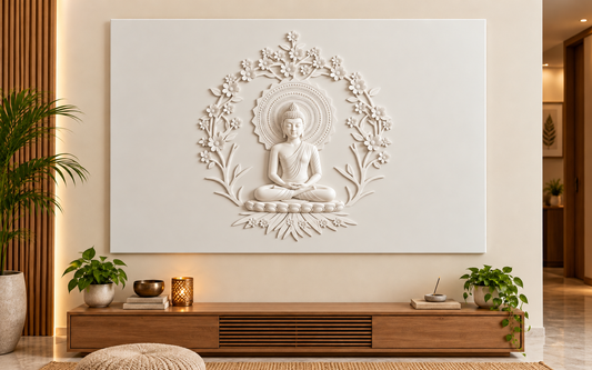 CWP-660 Buddha Blossom Arch Corian Wall Panel, 4 ft wide x 2.5 ft high, front view in a Mumbai meditation room; AI-assisted concept visualisation