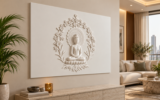 CWP-660 Buddha Blossom Arch Corian Wall Panel, 4 ft wide x 2.5 ft high, left view in a Mumbai living room; AI-assisted concept visualisation