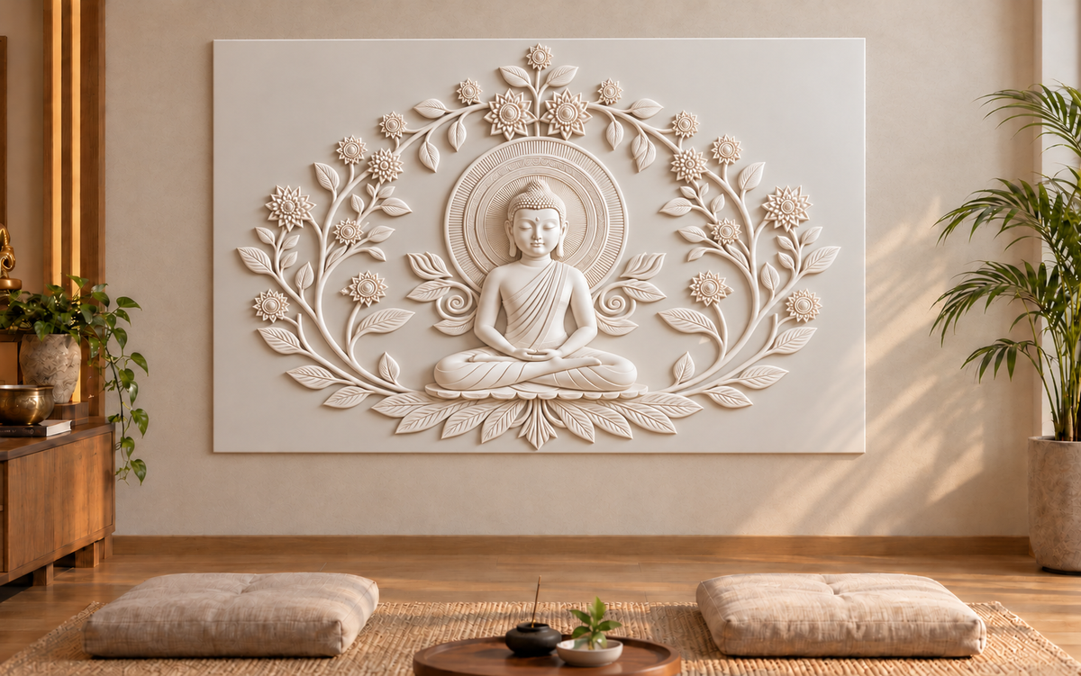 CWP-653 Buddha Blossom Halo Corian Wall Panel, 4 ft wide x 2.5 ft high, front view in a Mumbai meditation room; AI-assisted concept visualisation