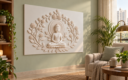 CWP-653 Buddha Blossom Halo Corian Wall Panel, 4 ft wide x 2.5 ft high, left view in a Mumbai reading corner; AI-assisted concept visualisation