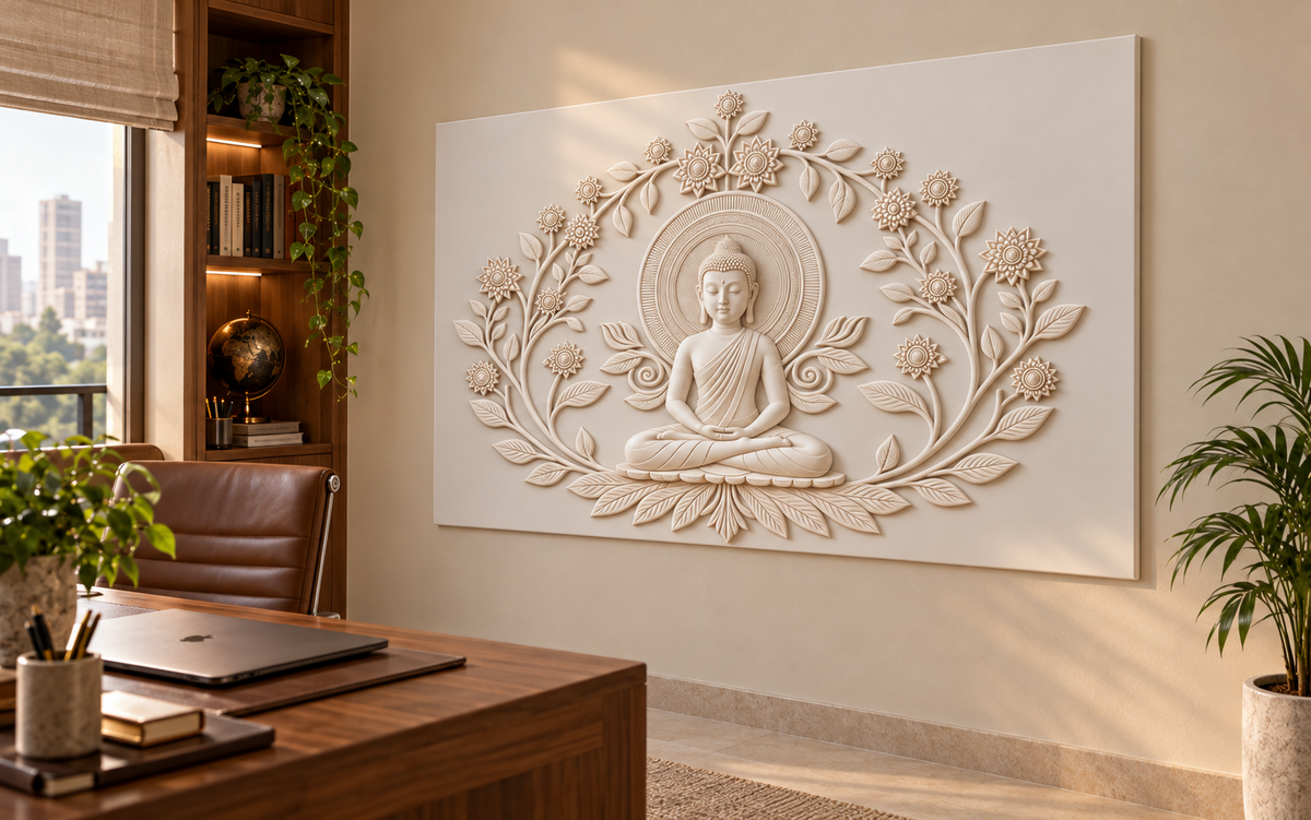 CWP-653 Buddha Blossom Halo Corian Wall Panel, 4 ft wide x 2.5 ft high, right view in a Mumbai home office; AI-assisted concept visualisation