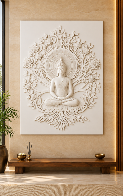 Buddha Blossom Root Halo satin white Corian wall panel front view in luxury Vile Parle Mumbai meditation room with a pale sandstone wall and low teak prayer shelf