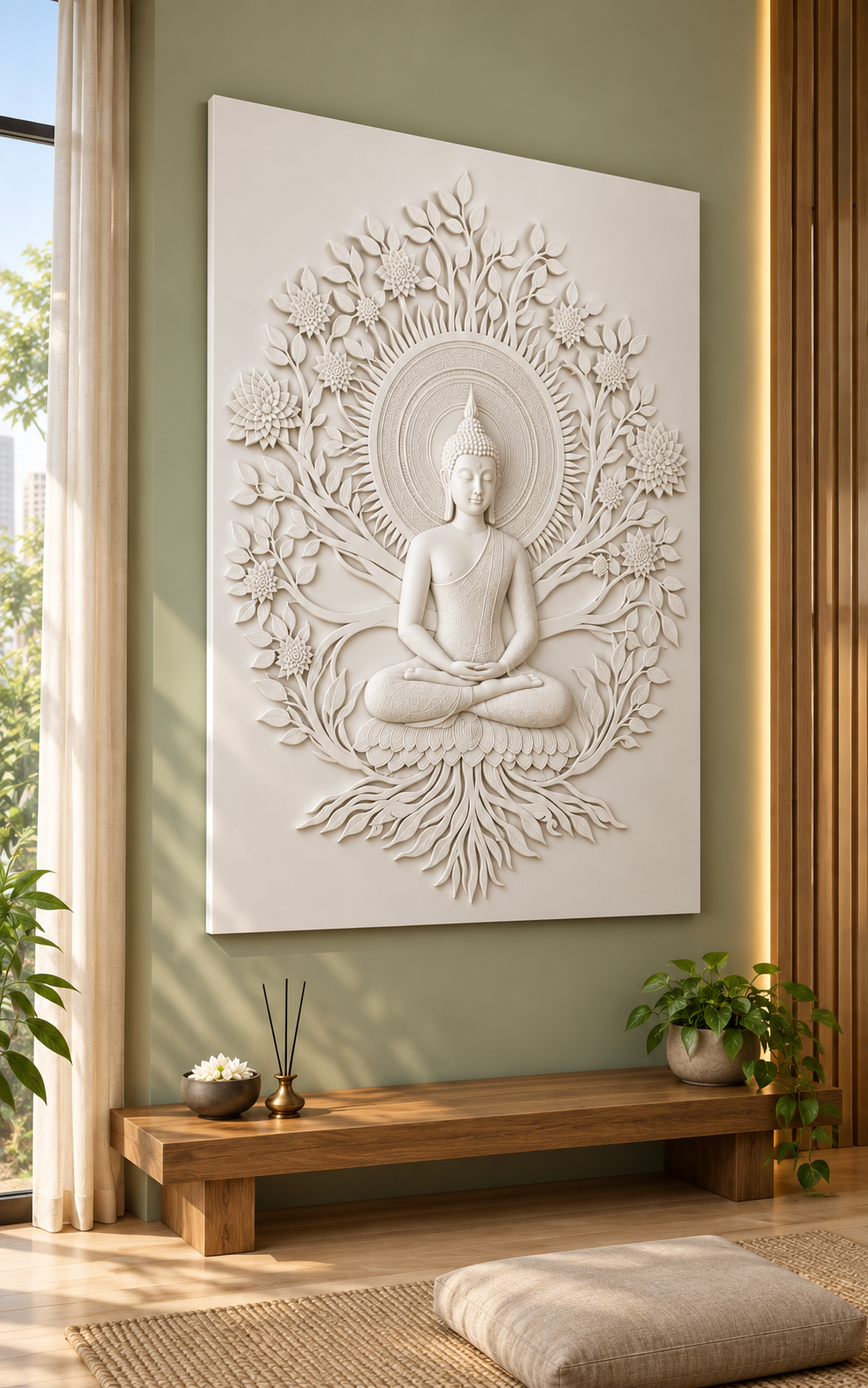 Buddha Blossom Root Halo satin white Corian wall panel left view in luxury Ghatkopar Mumbai contemplation alcove with a soft sage wall and oak floor cushion bench
