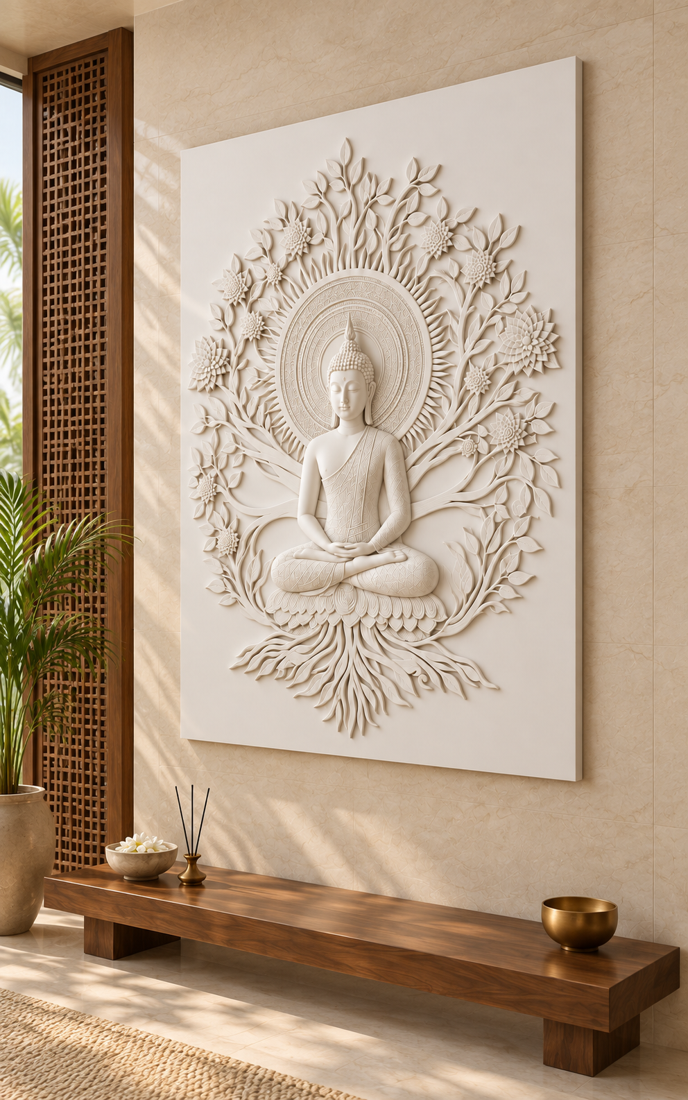 Buddha Blossom Root Halo satin white Corian wall panel right view in luxury Borivali Mumbai prayer room with an ivory stone wall and walnut lattice partition