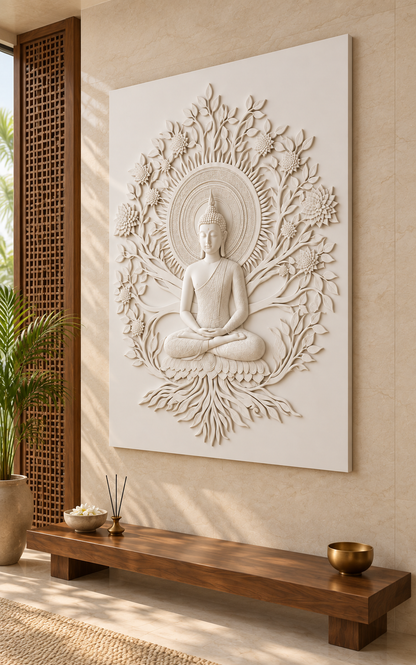 Buddha Blossom Root Halo satin white Corian wall panel right view in luxury Borivali Mumbai prayer room with an ivory stone wall and walnut lattice partition