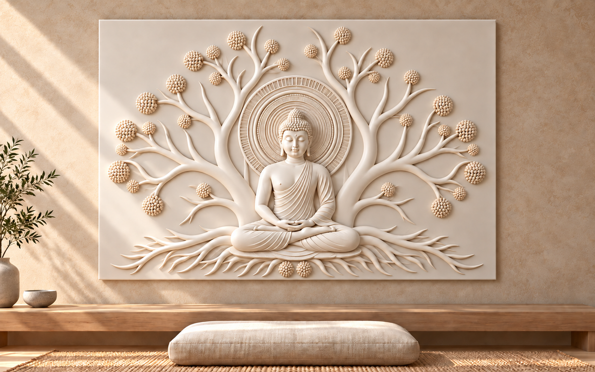 Buddha Bud Tree Halo Corian wall panel, front view in a Mumbai meditation room feature wall; AI-assisted concept visualisation