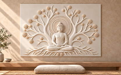 Buddha Bud Tree Halo Corian wall panel, front view in a Mumbai meditation room feature wall; AI-assisted concept visualisation