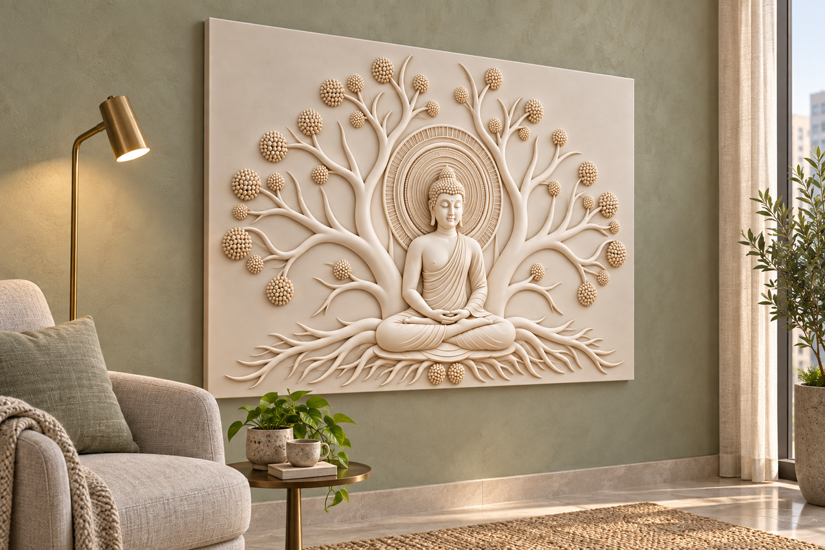 Buddha Bud Tree Halo Corian wall panel, left view in a Mumbai quiet living room contemplation nook; AI-assisted concept visualisation