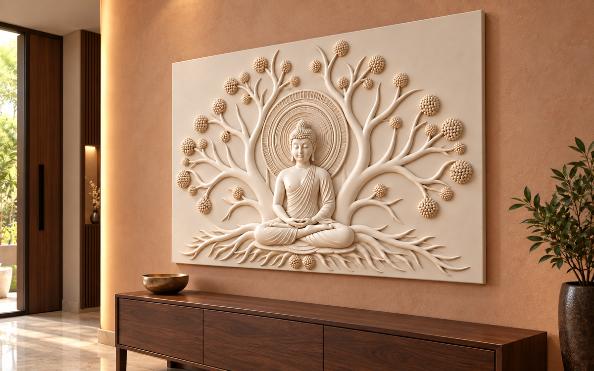 Buddha Bud Tree Halo Corian wall panel, right view in a Mumbai entrance reflection area; AI-assisted concept visualisation