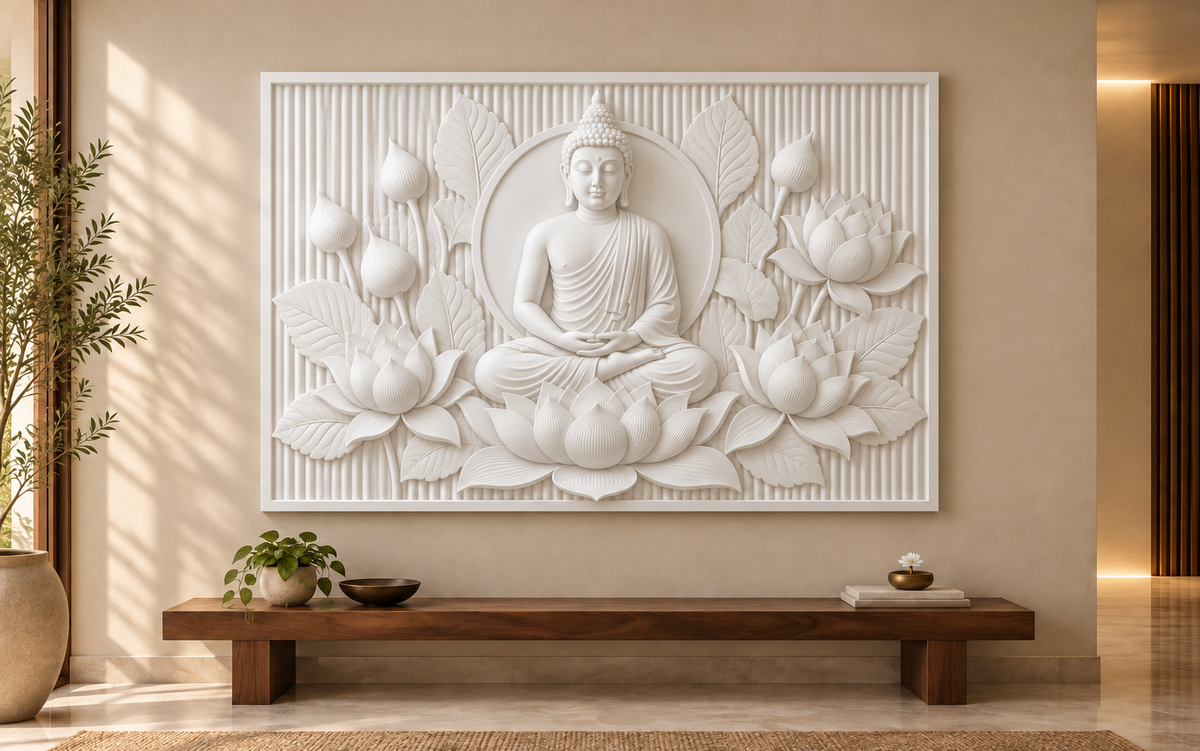 Buddha in Lotus Embrace Corian wall panel, 4 x 2.5 ft, front view in quiet meditation alcove, 12-24 mm total depth