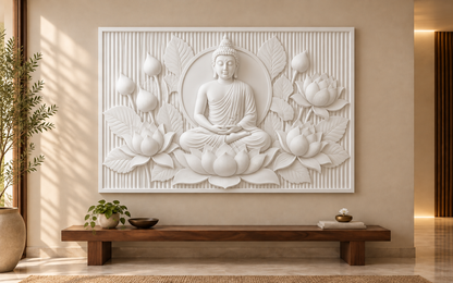 Buddha in Lotus Embrace Corian wall panel, 4 x 2.5 ft, front view in quiet meditation alcove, 12-24 mm total depth