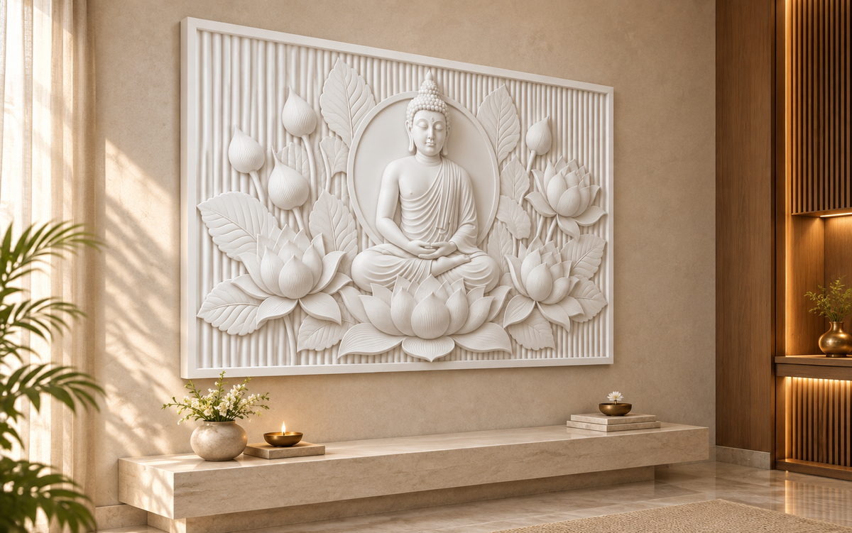 Buddha in Lotus Embrace Corian wall panel, 4 x 2.5 ft, left view in private prayer room, 12-24 mm total depth