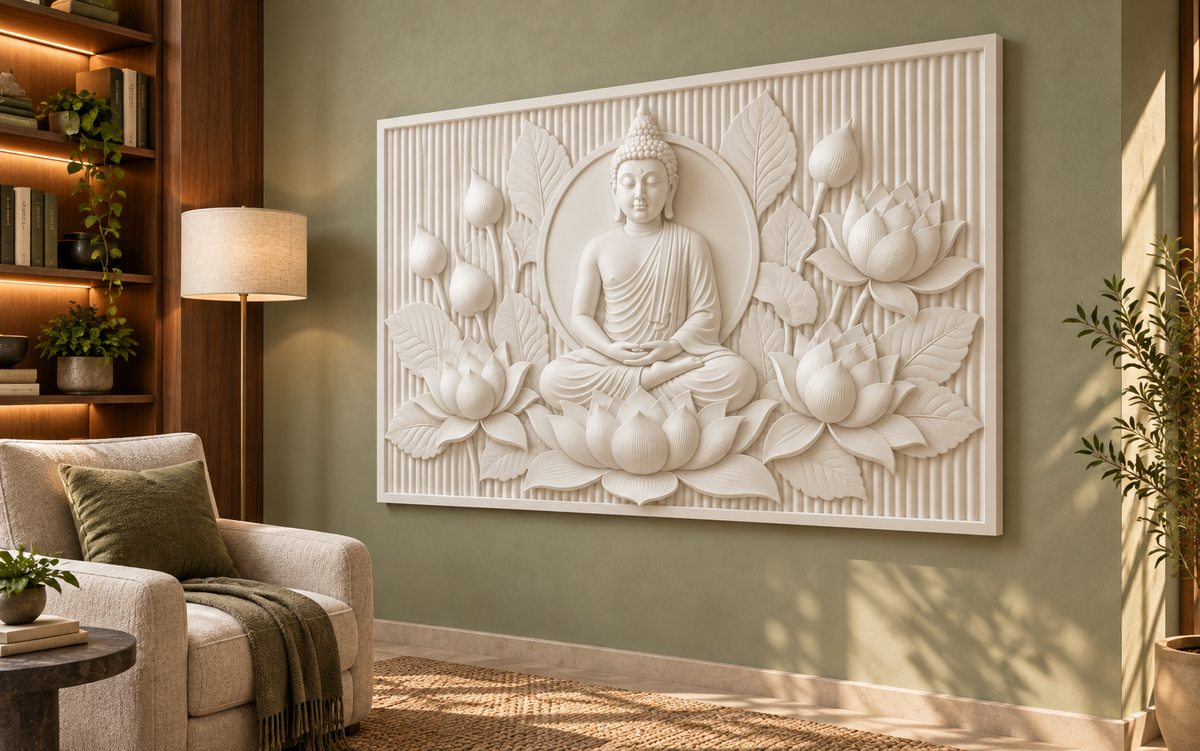 Buddha in Lotus Embrace Corian wall panel, 4 x 2.5 ft, right view in quiet reading lounge, 12-24 mm total depth