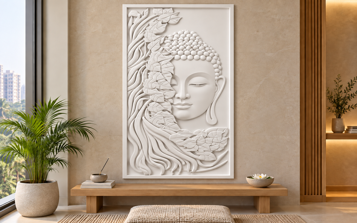 Buddha Leaf Veil Corian wall panel, front view in a Mumbai meditation room; AI-assisted concept visualisation