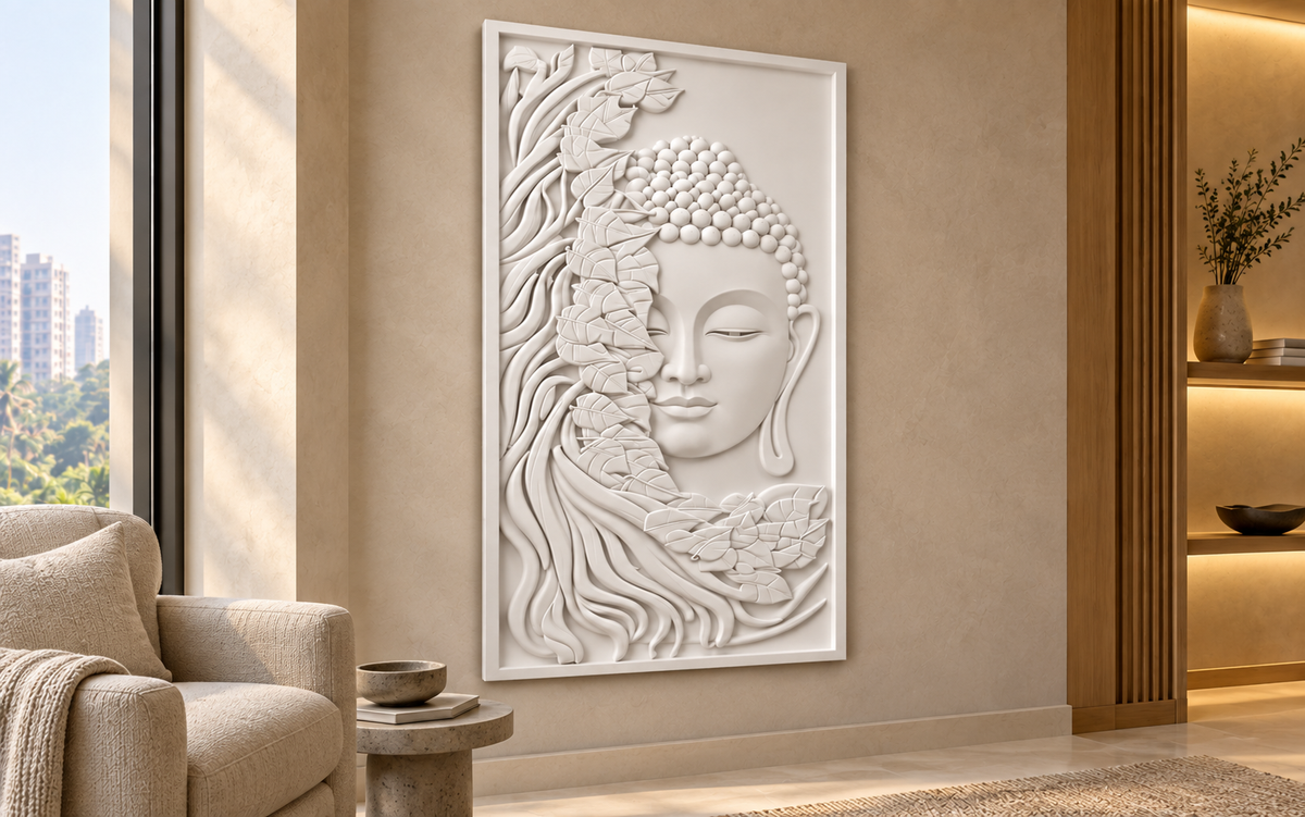 Buddha Leaf Veil Corian wall panel, left view in a Mumbai quiet living room alcove; AI-assisted concept visualisation