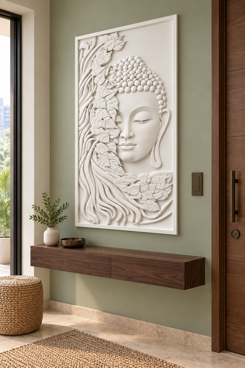 Buddha Leaf Veil Corian wall panel, right view in a Mumbai entrance contemplation nook; AI-assisted concept visualisation