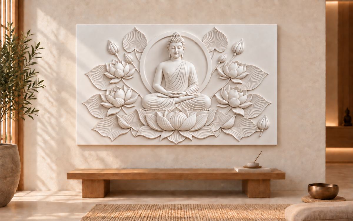 Buddha Lotus Sanctuary Corian wall panel, front view in a Mumbai meditation room; AI-assisted concept visualisation