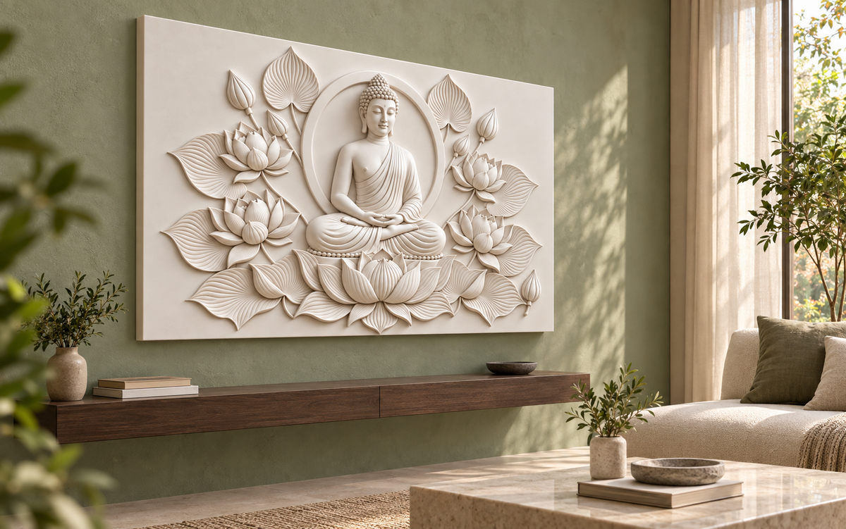Buddha Lotus Sanctuary Corian wall panel, left view in a Mumbai quiet family lounge alcove; AI-assisted concept visualisation