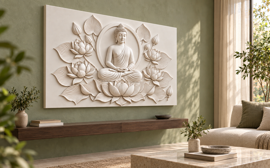 Buddha Lotus Sanctuary Corian wall panel, left view in a Mumbai quiet family lounge alcove; AI-assisted concept visualisation