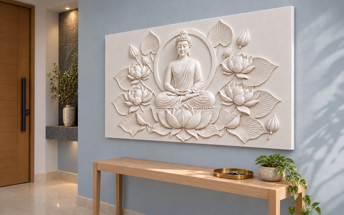 Buddha Lotus Sanctuary Corian wall panel, right view in a Mumbai entrance contemplation wall; AI-assisted concept visualisation
