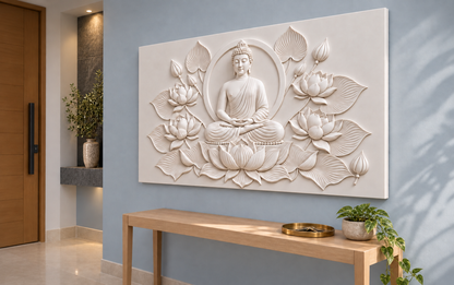 Buddha Lotus Sanctuary Corian wall panel, right view in a Mumbai entrance contemplation wall; AI-assisted concept visualisation