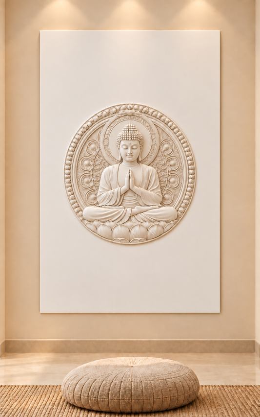 Buddha Prayer Medallion Corian wall panel, front view in a Powai apartment meditation alcove