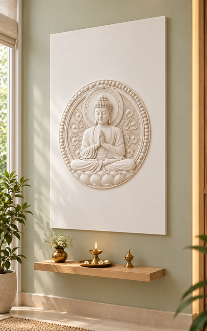 Buddha Prayer Medallion Corian wall panel, right view in a Juhu apartment dedicated prayer room