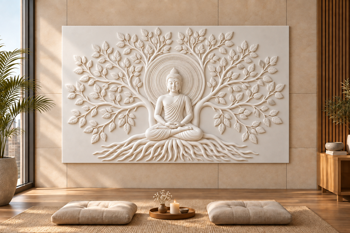 Buddha Rooted Halo Corian wall panel, front view in a Mumbai meditation room feature wall; AI-assisted concept visualisation
