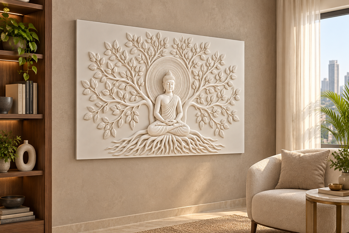 Buddha Rooted Halo Corian wall panel, left view in a Mumbai living room quiet corner; AI-assisted concept visualisation