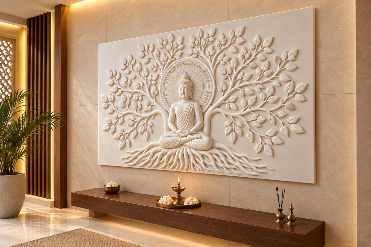 Buddha Rooted Halo Corian wall panel, right view in a Mumbai home prayer room wall; AI-assisted concept visualisation