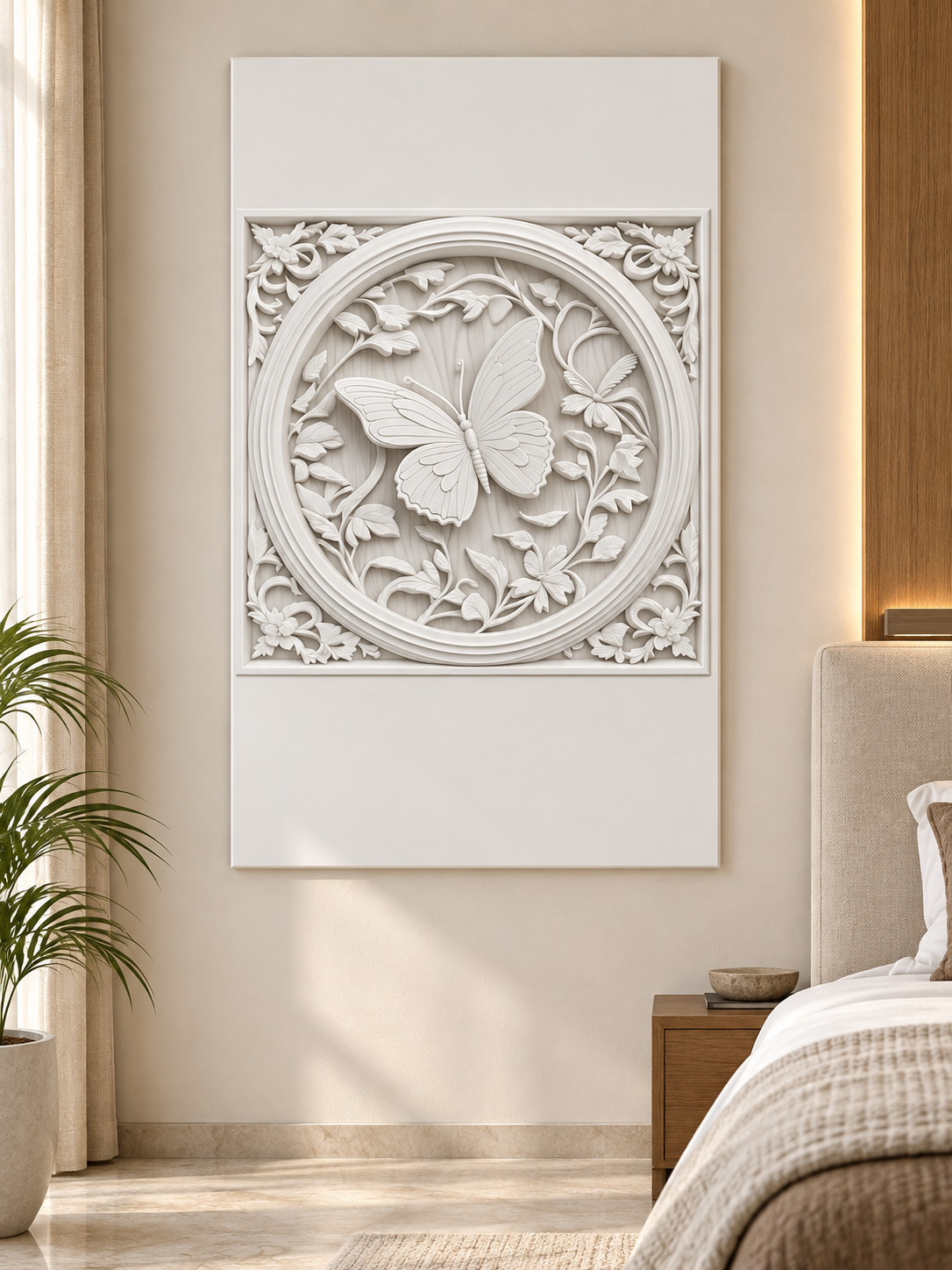 Butterfly Oval Garden Corian wall panel, front view in a Powai apartment bedroom
