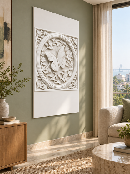 Butterfly Oval Garden Corian wall panel, left view in a Bandra apartment lounge