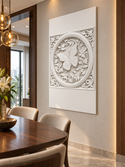 Butterfly Oval Garden Corian wall panel, right view in a Juhu apartment dining alcove