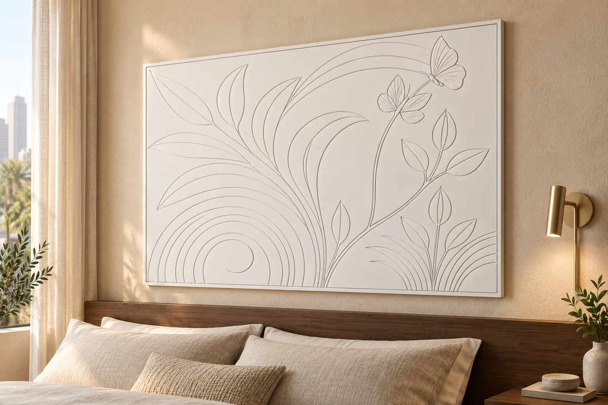 Butterfly Petal Arc Corian Wall Panel CWP-629, right view in a Mumbai home setting; AI-assisted concept