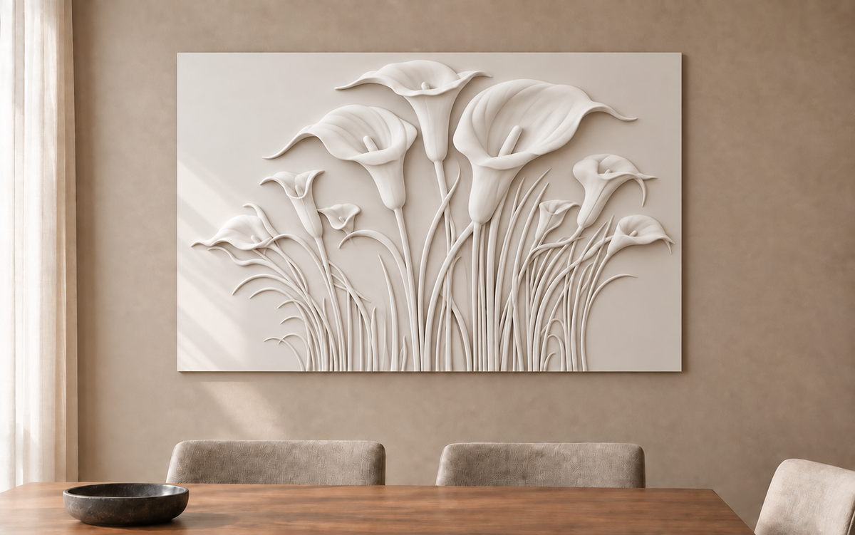 Calla Lily Fan Corian wall panel, 4 x 2.5 ft, front view in dining room, 12-24 mm total depth