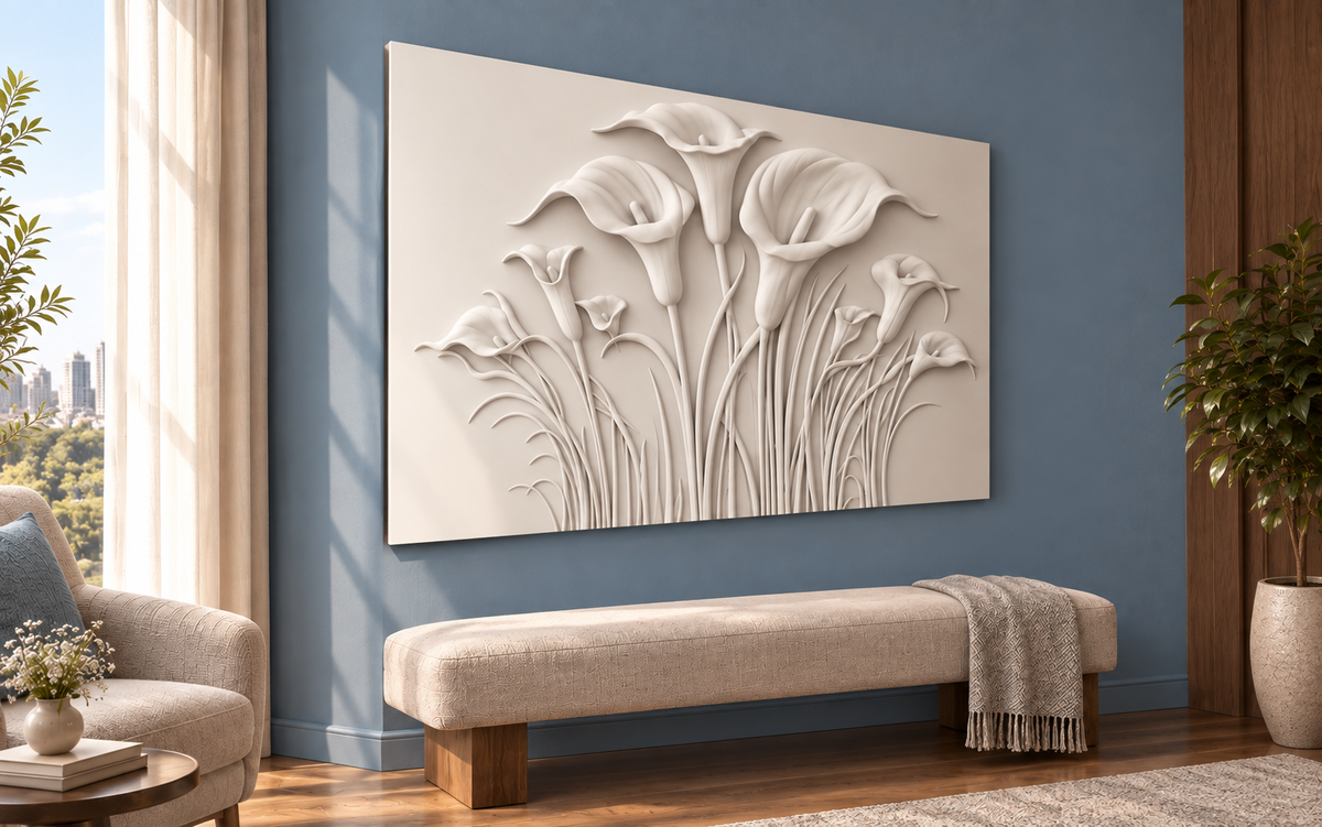 Calla Lily Fan Corian wall panel, 4 x 2.5 ft, left view in bedroom seating nook, 12-24 mm total depth