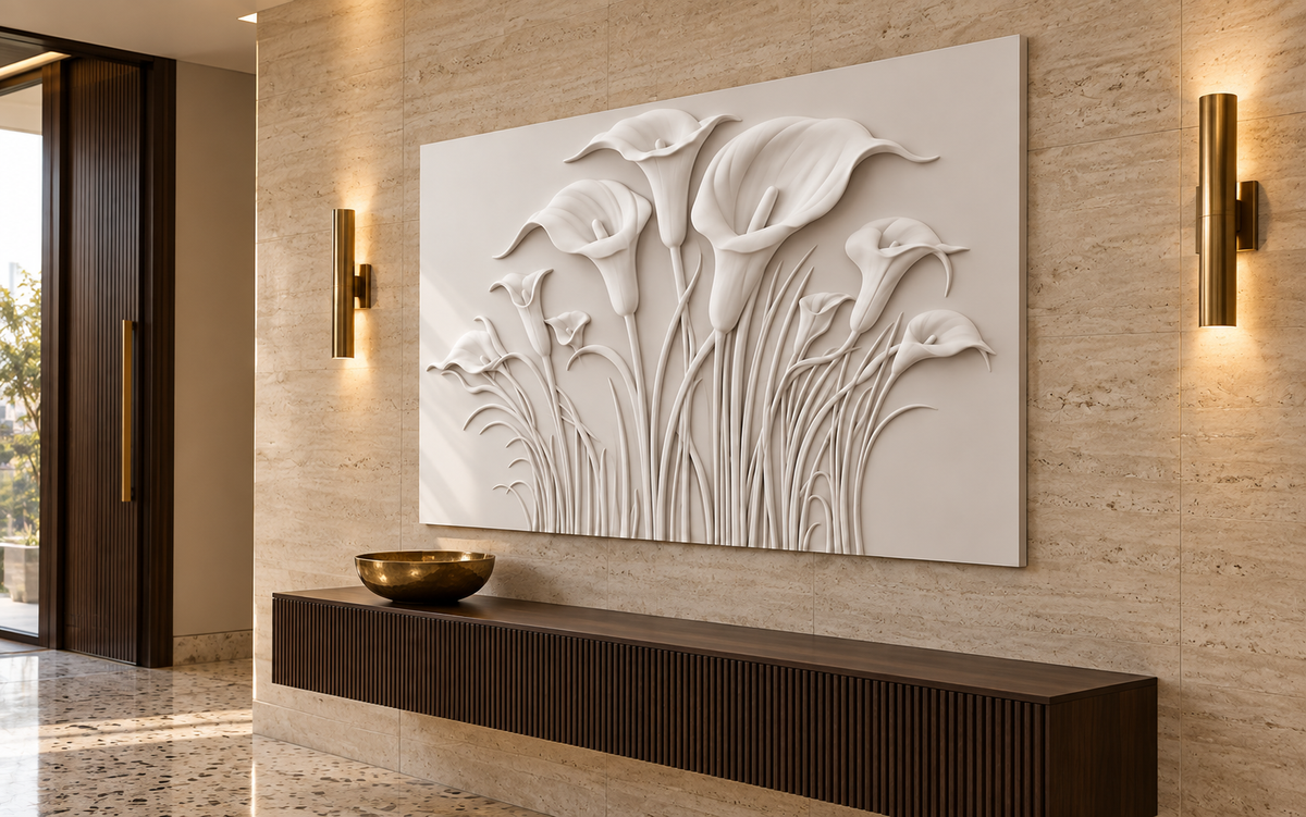 Calla Lily Fan Corian wall panel, 4 x 2.5 ft, right view in entrance lobby, 12-24 mm total depth