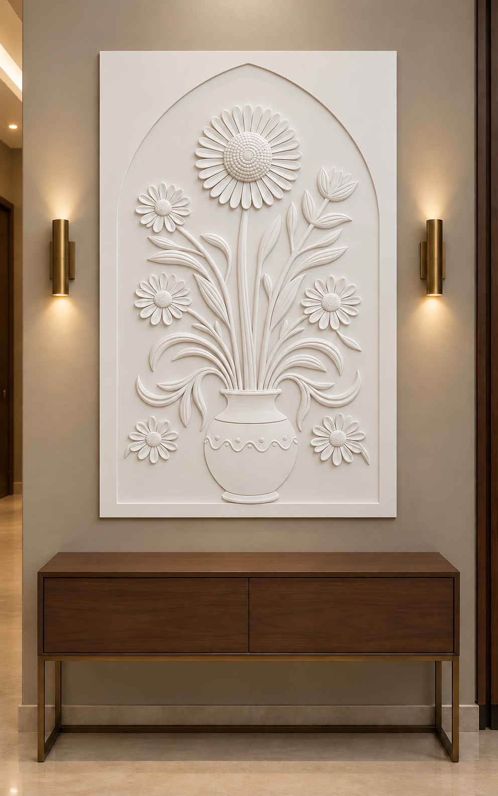 Cascading Daisy Scalloped Vase Corian wall panel, front view in a refined Mumbai apartment foyer with a walnut console and brass lighting; AI-assisted concept visualisation