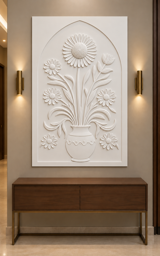 Cascading Daisy Scalloped Vase Corian wall panel, front view in a refined Mumbai apartment foyer with a walnut console and brass lighting; AI-assisted concept visualisation