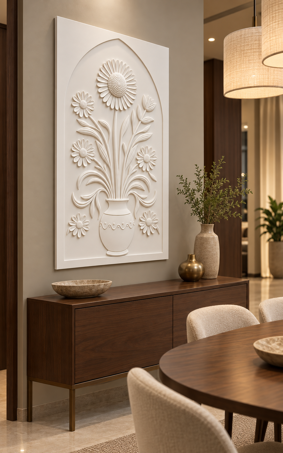 Cascading Daisy Scalloped Vase Corian wall panel, left view in a Mumbai dining nook with a dark walnut sideboard, oval table and linen pendants; AI-assisted concept visualisation