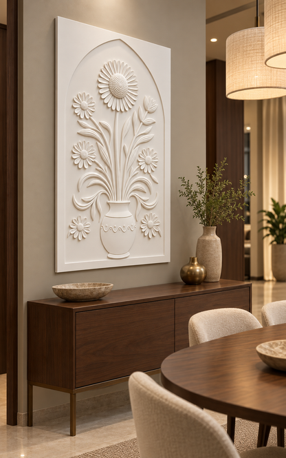 Cascading Daisy Scalloped Vase Corian wall panel, left view in a Mumbai dining nook with a dark walnut sideboard, oval table and linen pendants; AI-assisted concept visualisation